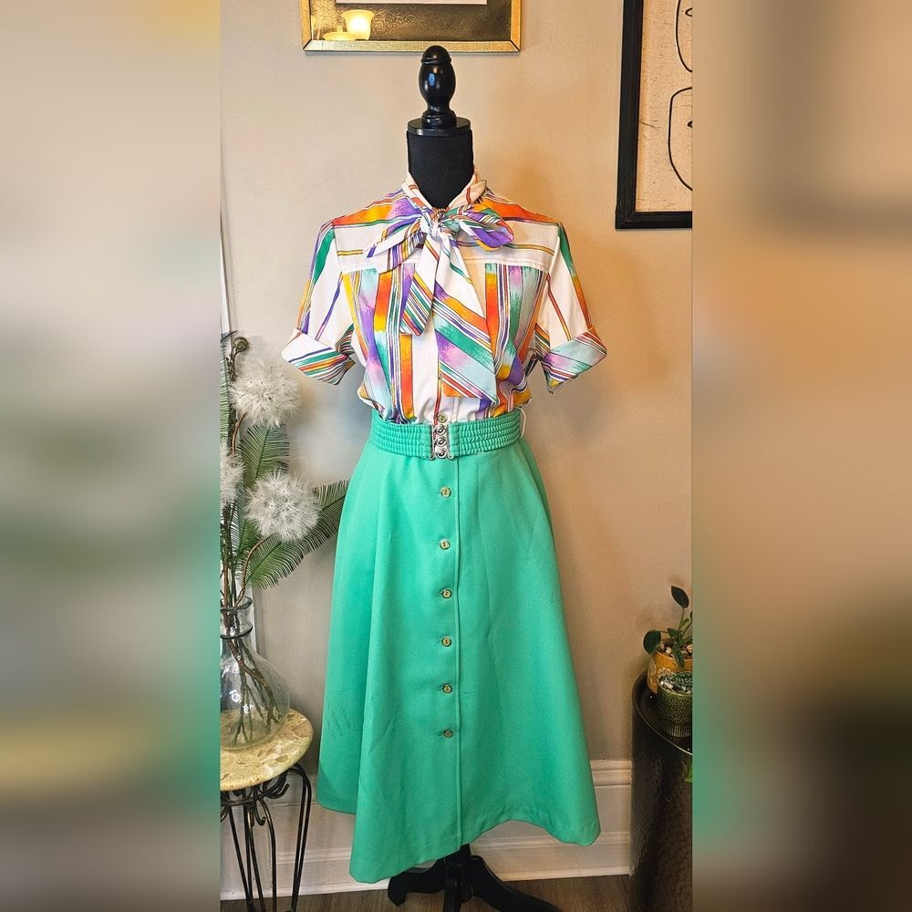 Vintage 1960s Mod Dress, Ascot Blouse Top & Mint Green A-Line  Belted Skirt